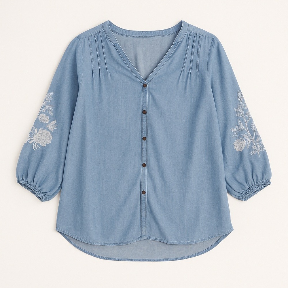 Anthropologie Kindred Embroidered Blue Denim Western Bohemian Blouse Size 1X
